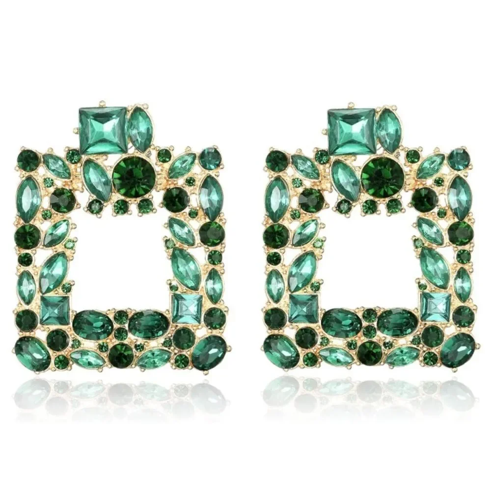 Yellow Gold with Emerald Green Crystal Geometric Square Post Back Drop Earrings